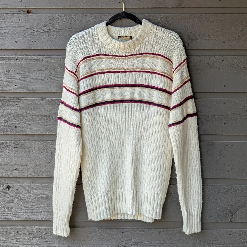 VTG 70s King Scot Crew Neck Ski Sweater Size Medium Ivory Tan Blue Red